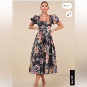 Lulu’s Adorable Tendencies Dark Grey floral puff sleeve midi dress